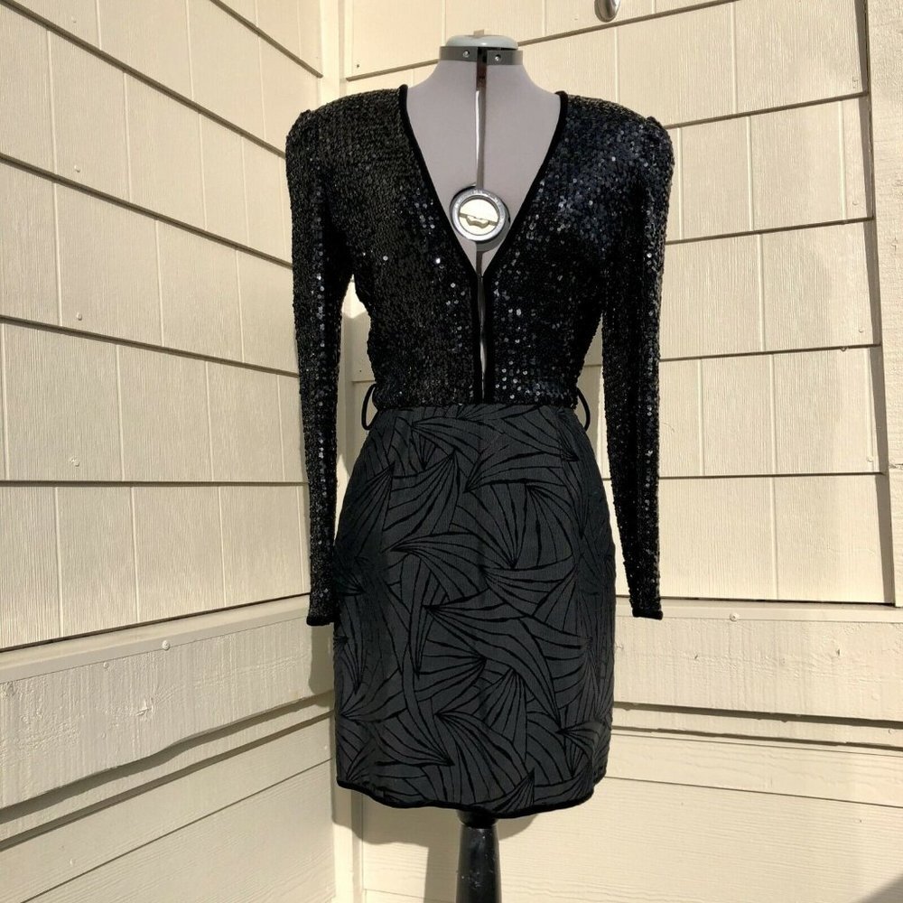 Vintage Paul-Louis Orrier Paris 80’s Black Sequin Dress Size 6/8 Deep V-Neck